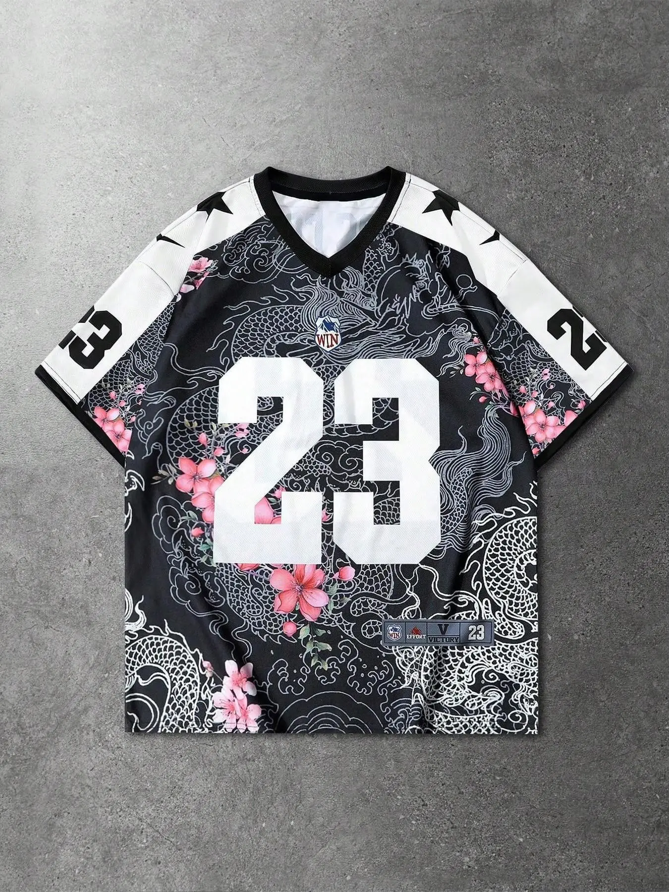 2026 Trending Japanese Dragon & Sakura Print BasketballJersey - Aesthetic Oversized V-Neck Streetwear, Athletic Tops, sportswear for summer, GraphicTee with Number 23 & Stars - Retro Oriental Style DarkGrunge Top for Men Women