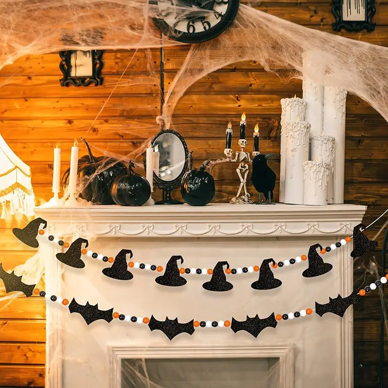 Halloween Felt Bat Witch and Wooden Bead Wreath, Halloween Cape Wreath Banner Decor, Indoor Outdoor Haunted House Decoration