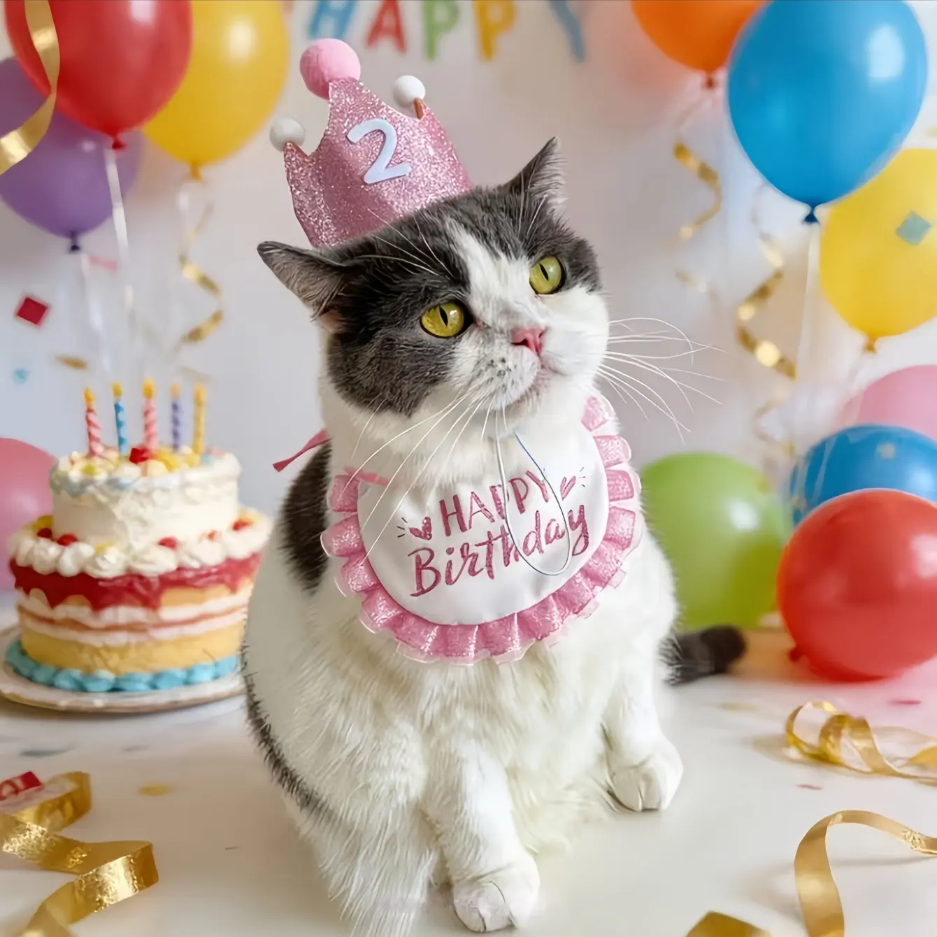 3-Piece Cartoon Pet Birthday Set, Party Decor Accessories for Cats & Dogs, Includes Crown, Bib, Number Stickers, Battery-Free, All-Year-Round Use