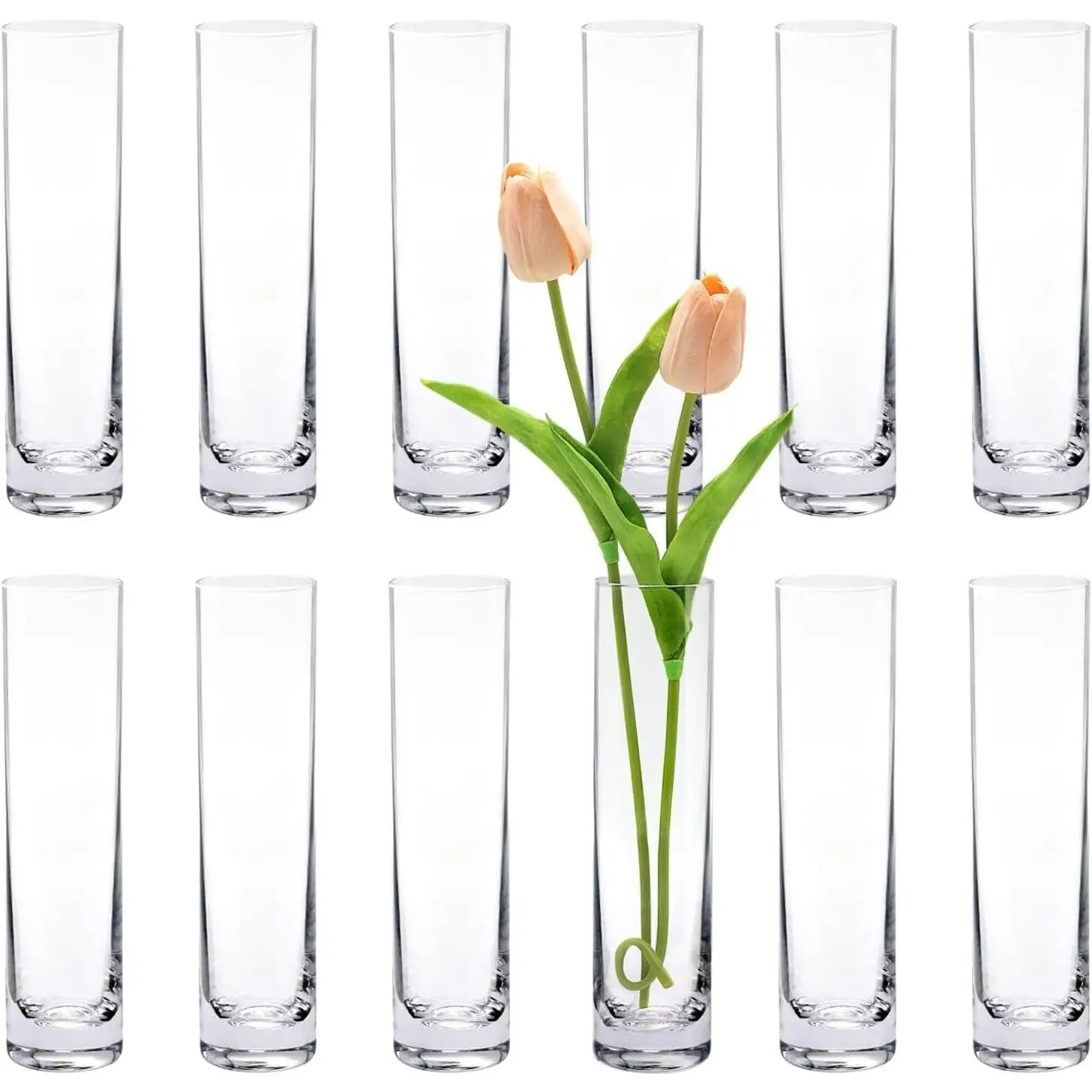 7.5" Clear Handmade Slim Glass Cylinder Bud Vases Set of 12, Bulk Small Flower Vases for Wedding Table Centerpieces, Single Rose, Home Aesthetic Desk Decor, Party Decorations