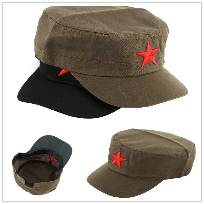 Male Casual Visor Hat - 1pc China Red Cotton Cap with Red Star, Chairmen Mao Communist Party Themed Gift, Olive Drab Option, 1 Size Fits All