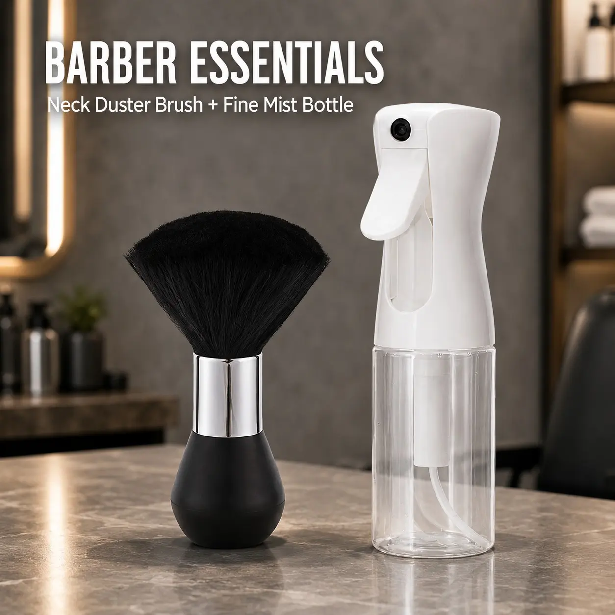 Neck Duster Brush & Fine Mist Spray Bottle Kit, Barber Hair Removal Brush Set for Haircut Cleanup, Professional Salon Tools for Removing Loose Hair, Styling and Grooming
