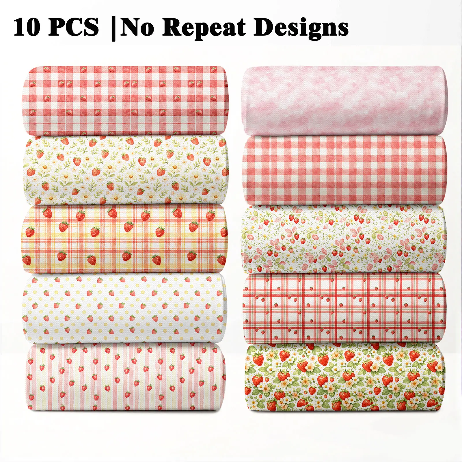 10PCS Strawberry Print Fabric, 23x55cm (9x22in) Classic Sweet Cute Fruit Pattern Quilting Home Decor Decorative Fabrics DIY Textiles