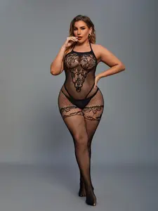Mesh Lingerie Halter One-Piece, Plus Size Transparent Lace Edge Fishnet Bodysuit, Sensual Underwear for Women