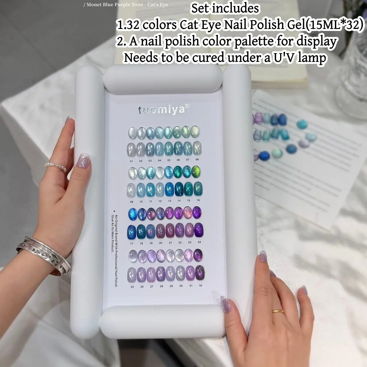 32 Color Monet Blue Cat Eye Nail Polish Set, Rich Colors, Fine Gel Texture, Includes Color Palette, Perfect Gift for Manicure Shops, Gel Polish Kit, Gel Nail Polish Sets