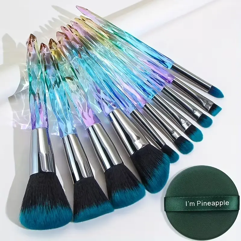 10 Transparent Ice Cone Gradient Blue Makeup Brushes Set, Includes Puff, Foundation Brush, Powder Brush, Eyeshadow Brush, Mother's Day Gift, Beauty Brush Set