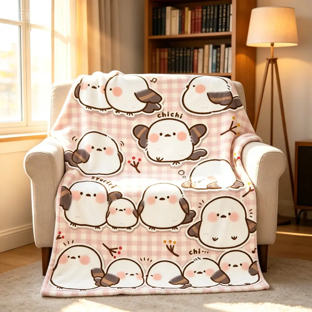Cute Shima Enaga Bird Flannel Blanket, Soft Cozy Lightweight Throw for Adult Blanket Kids Blanket, Japanese Snow Bird Animal Design Summer Cooling Air Conditioner Blanket for Sofa Bed Bedroom Travel Gift