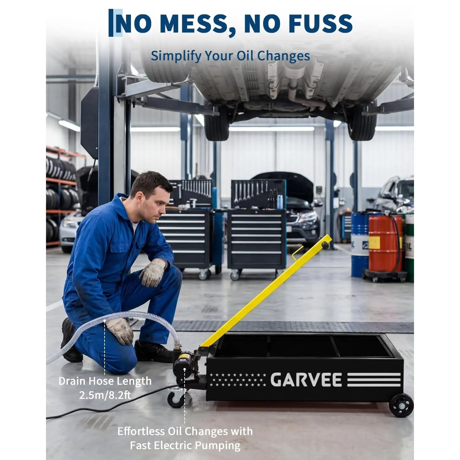 15/20/25 Gallon Oil Drain Pan - Heavy Duty Steel Waste Oil Drain Cart with 110V Pump, 8-8.2 ft Hose, Folding Handle & Rolling Base 15/20/25 Gallon Oil Drain Pan - Heavy Duty Steel Waste Oil Drain Cart with 110V Pump, 8-8.2 ft Hose, Folding Handle & Rolling Base