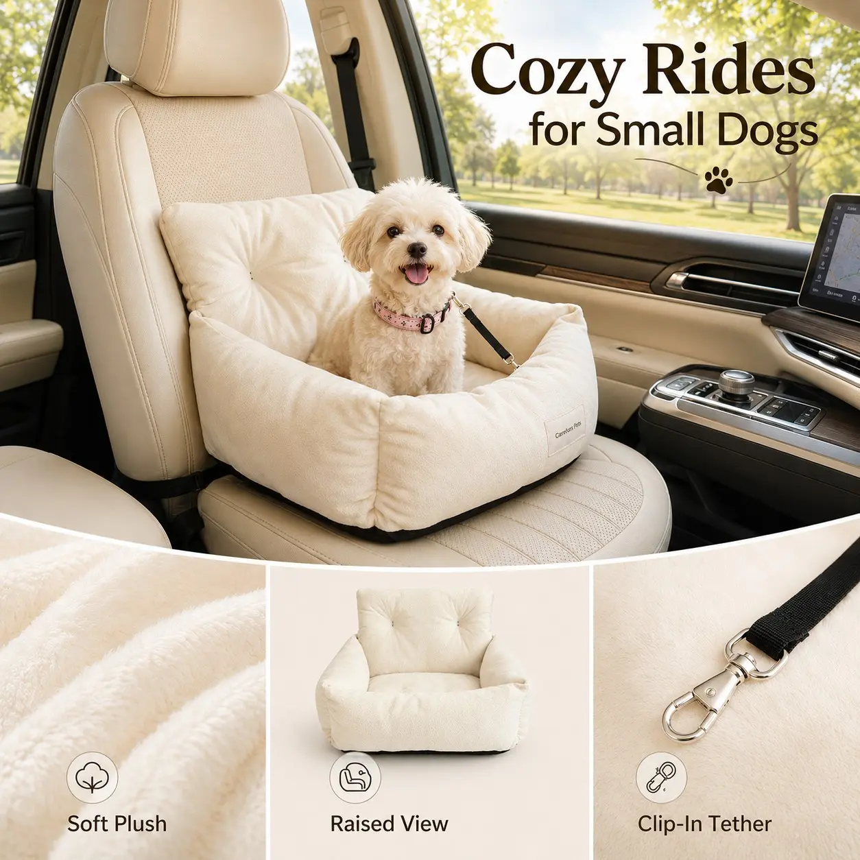 Detachable Pet Car Seat Bed for Dogs and Cats, Premium Fleece Car Pad with Adjustable Harness, Comfortable Riser for Small and Medium Pets, All-Season Use