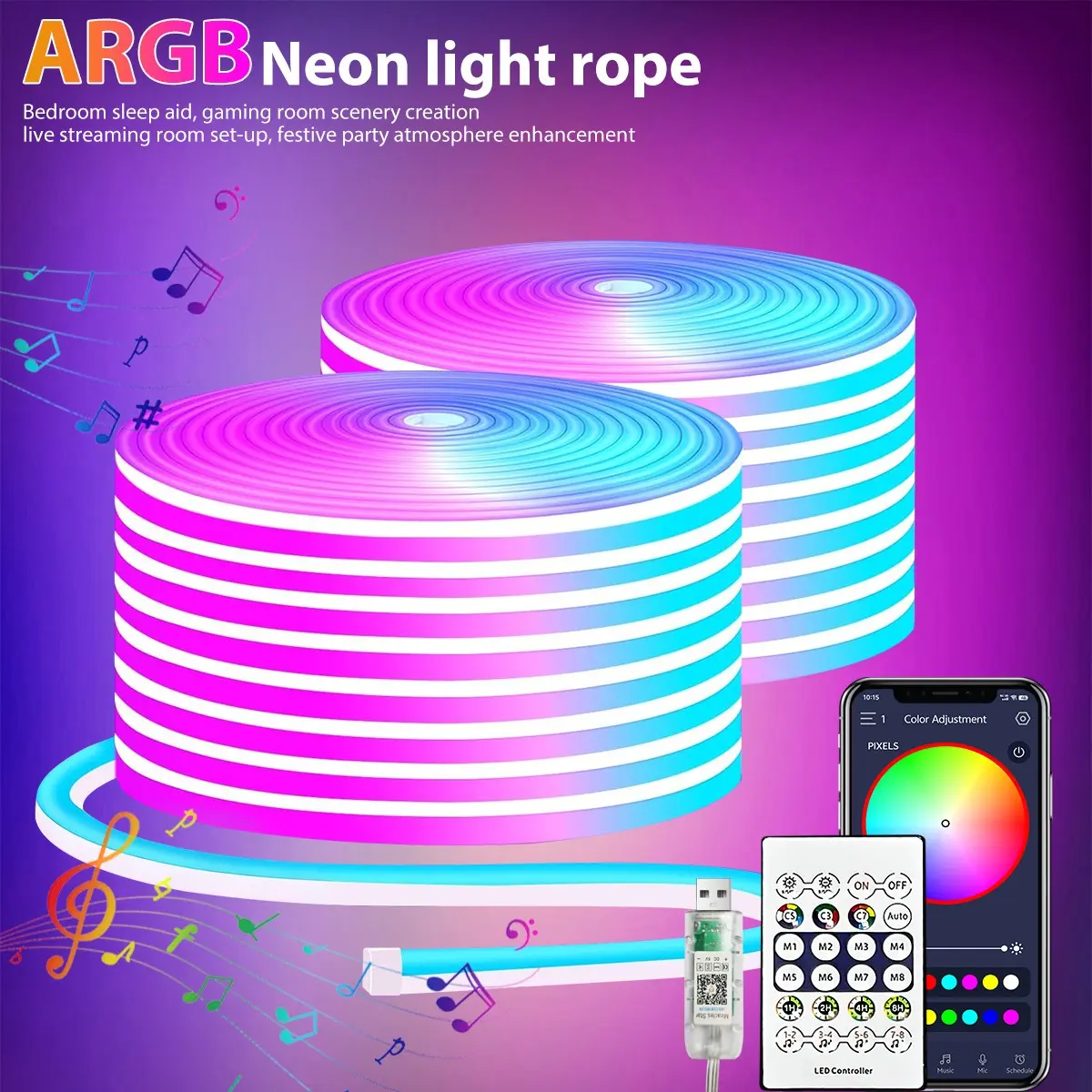 Flexible USB Neon Rope Light, Dimmable Neon Light, RGB Color Changing LED Strip, Touch Control, Remote Dimming, Music Sync, Decorative Lighting for Home & Events