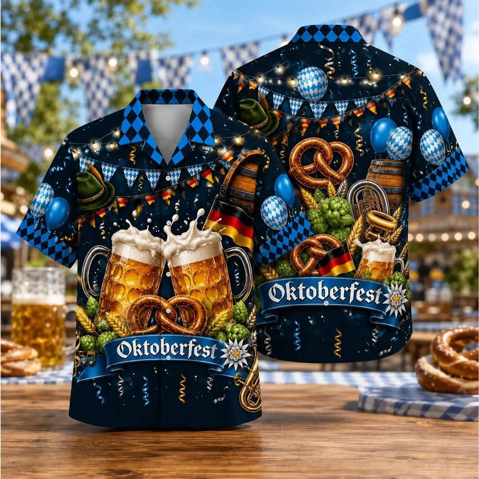 Men's Short Sleeve Polyester Button Up Shirt - Dark Blue Oktoberfest Beer Mug Pretzel Full Print Loose Fit Summer Casual Festival Party Top, Hand Wash