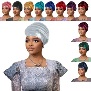 Pre-Made Auto Gele Turban with Floral Rhinestones, Ethnic Nigerian Headwear in Shiny Crinkle Fabric for Women's Party, Church, Beach Hat