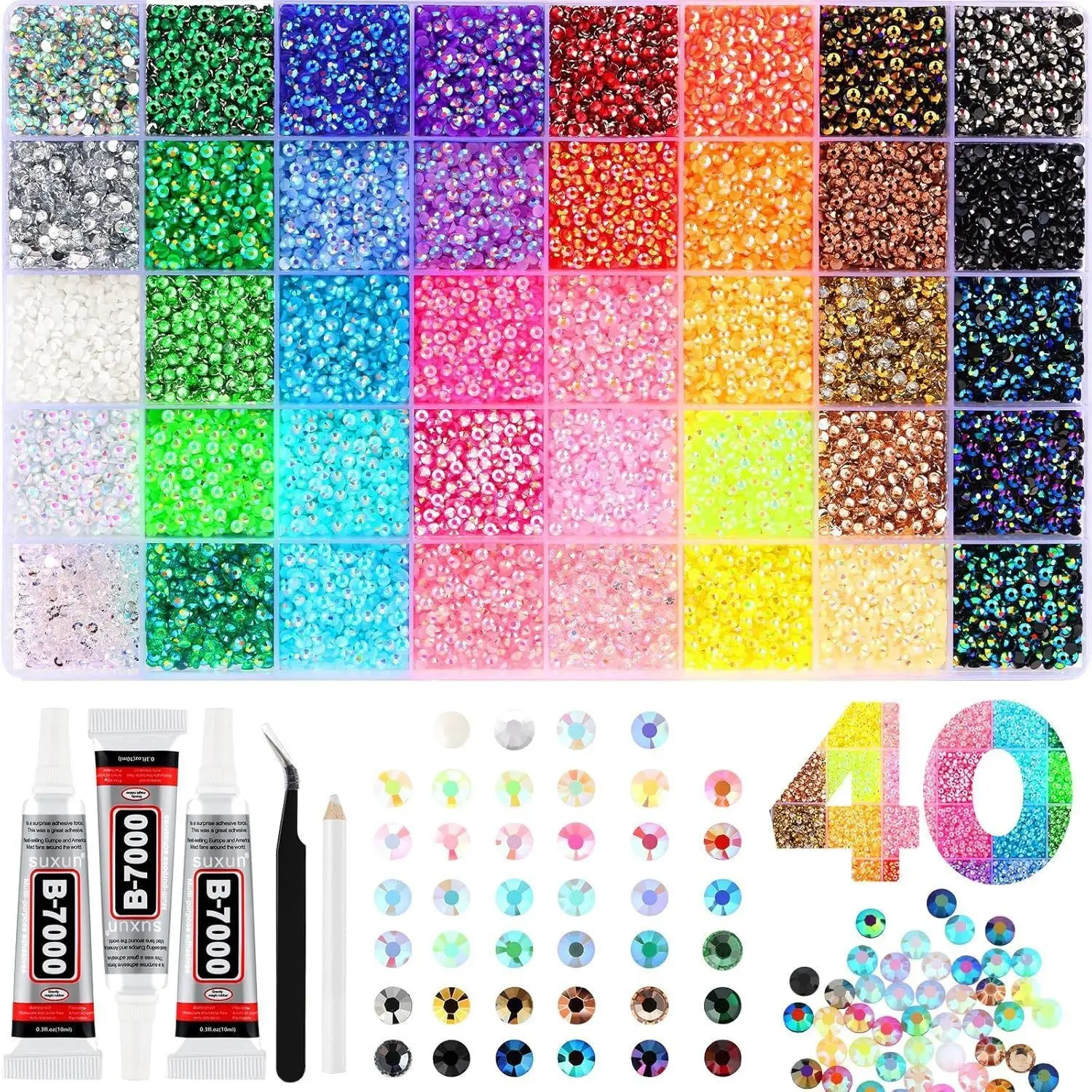 40000Pcs DIY Jelly Rhinestones synthetic beads With Kit for Bedazzling 3mm Multicolor synthetic beads Resin Flatback beads for Art Bedazzler Kit for Crafting Book Shoes Nail Art adhesive mixed color