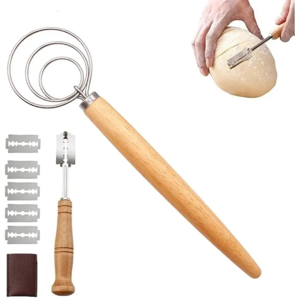 13" Danish Dough Whisk Bread Lame with 5  and 1 Leather Cover Dutch Bread Whisk Bread Mixer Stainless Steel Dutch Style Bread Dough Whisk with Wooden Handle for Sourdough, Pizza, Pastry, Cake