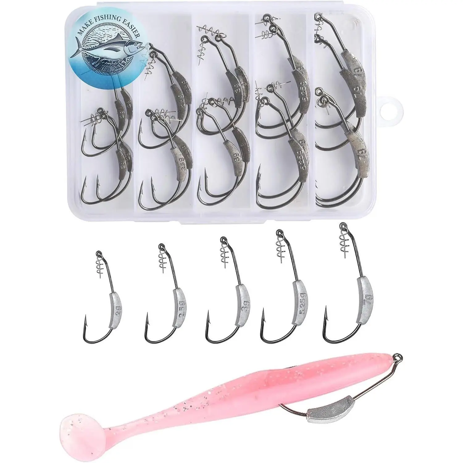 25 count/Box Weighted Swimbait Hooks, Weighted Fishing Hooks Saltwater Worm Weedless Hooks for Bass Fishing  5 Size 1/0 2/0 3/0 4/0 5/0