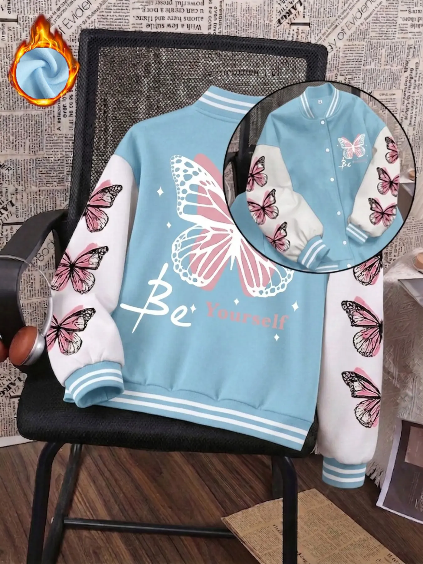 Women Butterfly Print Varsity Jacket Be Yourself Graphic Color Block Raglan Sleeve Fleece Baseball Bomber Coat Y2K Streetwear