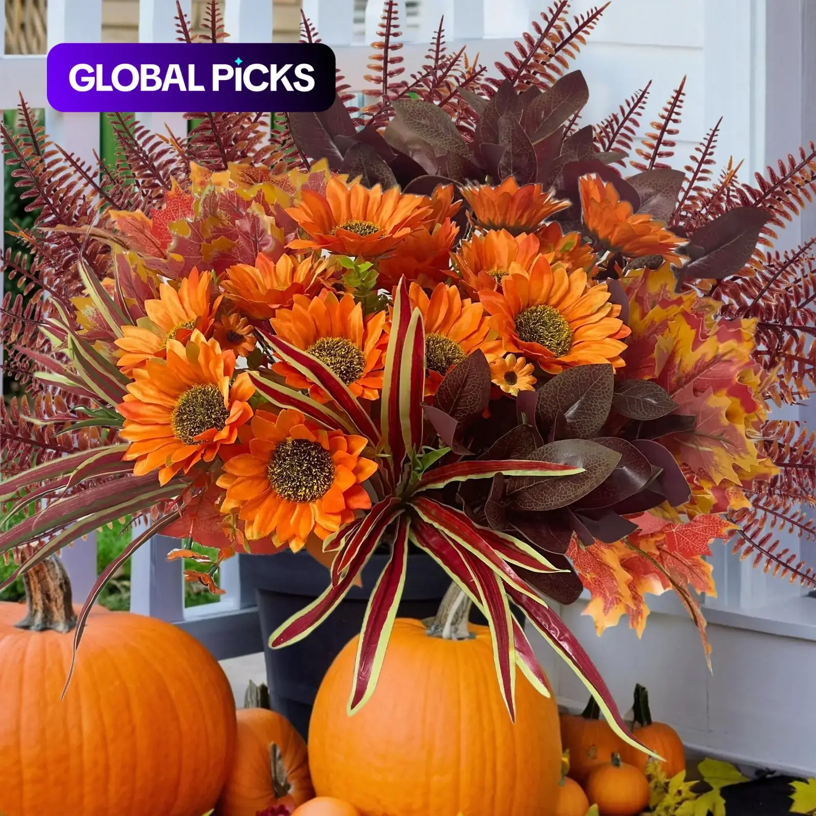 Sunflowers Faux Plants for Outdoor Planters, Fall Fake Silk Realistic Greenery, Faux Decorative Flower, UV Resistant, 24 Bundles for Porch Pot Decor #GLOBAL PICKS