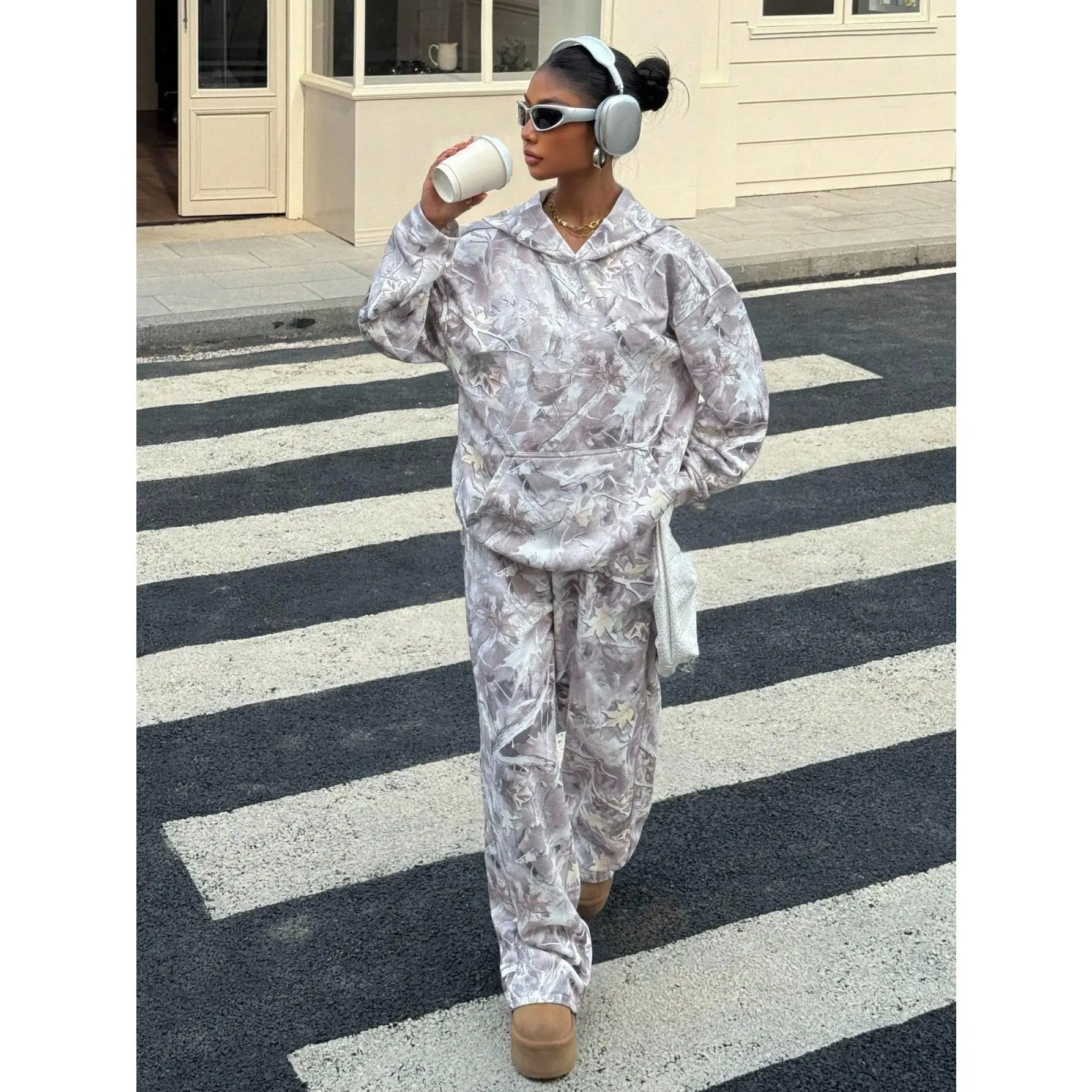 2 Piece Outfits Camo Graphic Pullover Hoodies and Pants Clothing Sets, Fall Clothes