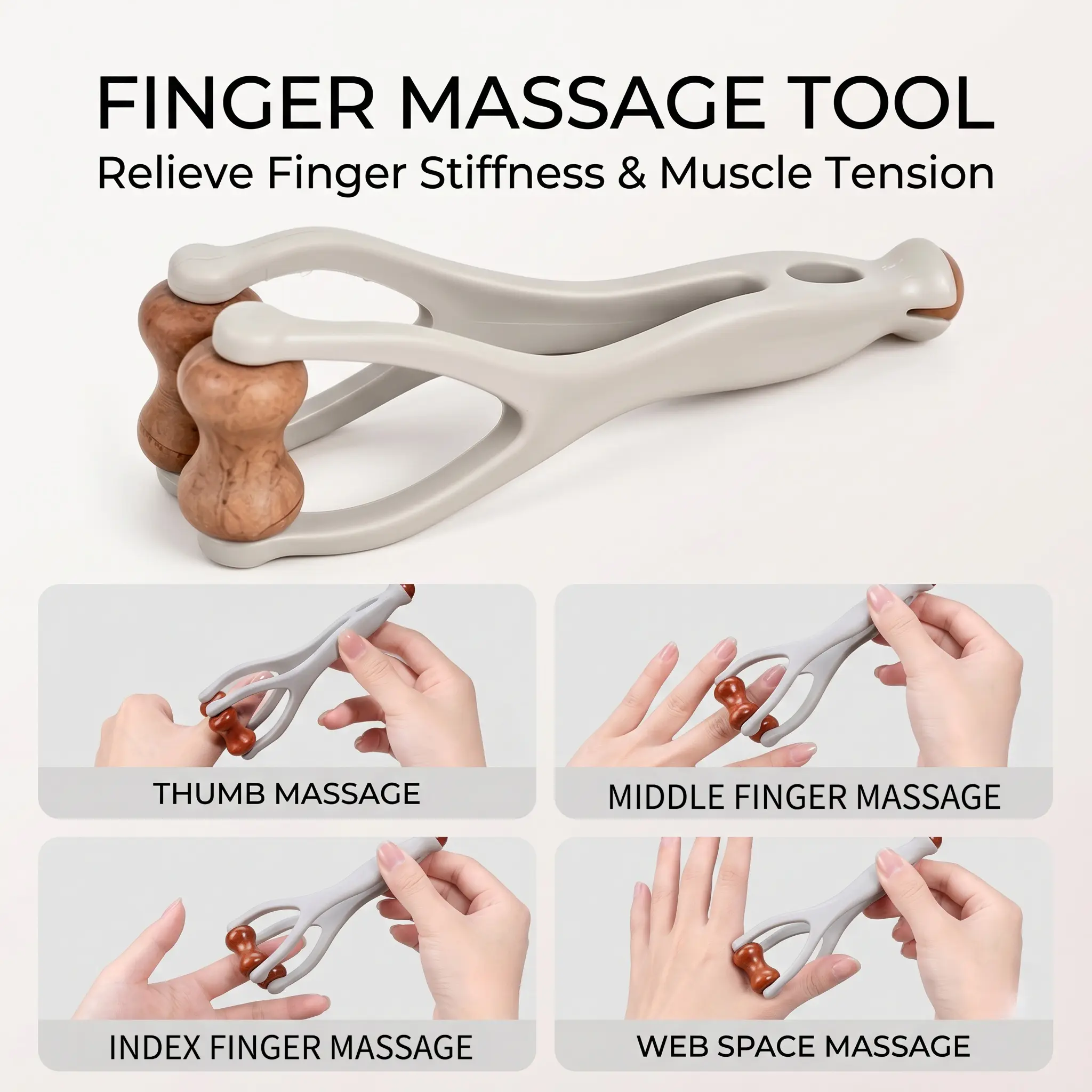 1pc 3-In-1 Wooden Finger Massager, Dual-sided Hardwood Hand Massage Roller for Carpal Tunnel Relief, Trigger Finger & Hand Fatigue, Improves Circulation, Stress Relief, Ideal for Moms, Typing & Housework-YY1