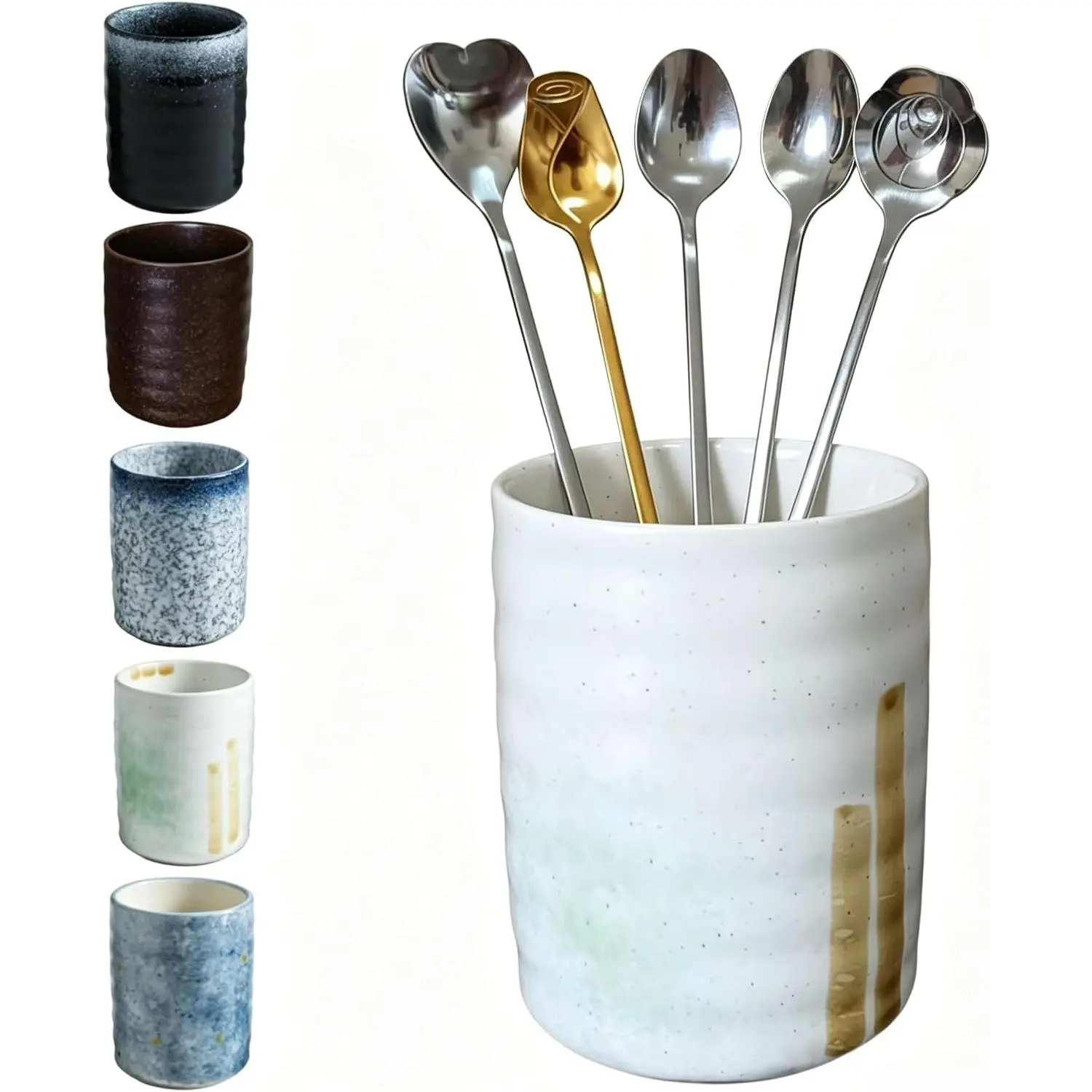 Stoneware Coffee Bar Utensil Holder  & Coffee Spoon & Stirrer Holder for Stir Stick Straw Teaspoon Holder Espresso Spoon Cup Small Utensil Jar (Spring Sprout)