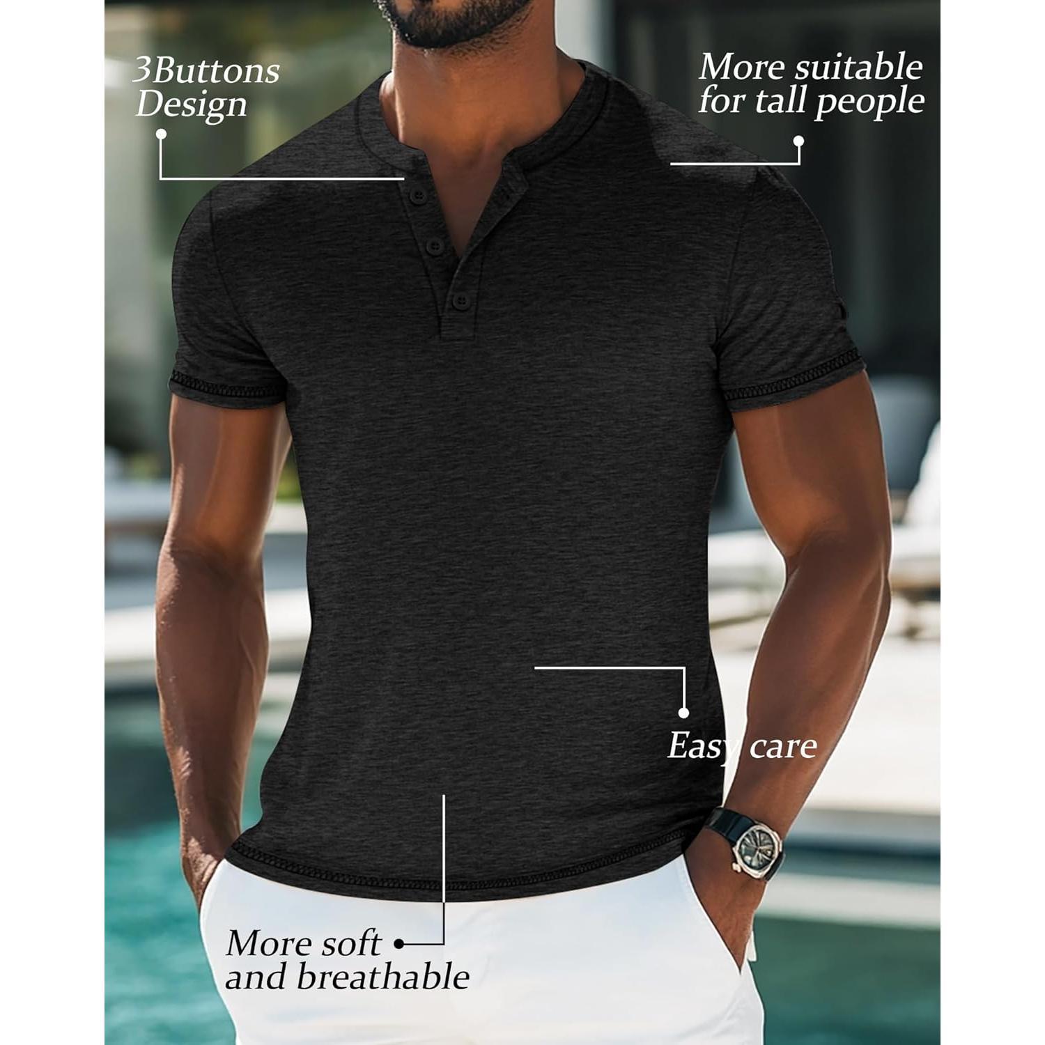 3 Pack Men's Big & Tall Henley Short Sleeve Shirts, Cotton Crew Neck Casual Button T-Shirts Summer Basic Tees Tops Menswear Tshirt