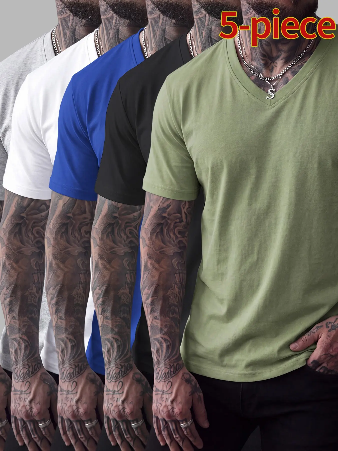 5-Pack Men's Slim Fit Cotton V-Neck T-Shirts, Casual Classic Short Sleeve Basic Daily Wear, Comfortable Solid Color Tees, Essential Clothing 5-Pack Men's Slim Fit Cotton V-Neck T-Shirts, Casual Classic Short Sleeve Basic Daily Wear, Comfortable Solid Color Tees, Essential Clothing
