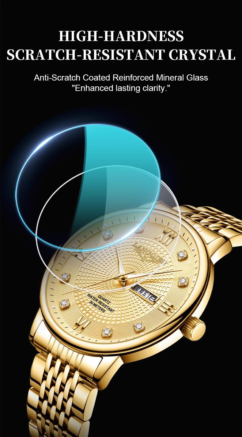 LANGQIES Elegant Multi-Function Men's Watch with Original Swiss Movement, featuring Dual Calendar, 42mm Dial, Sapphire Crystal, Stainless Steel Band, and Luminous Water-Resistant Design.