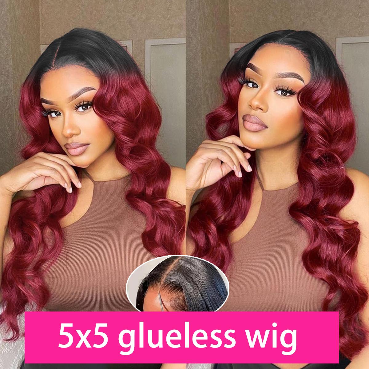 【New In】T1B 99j Burgundy 5x5 Glueless Wigs Omber 1b 99j Body Wave Pre Cut Hd Lace Closure Wig Human Hair Pre Plucked For Women Ready to Wear Glueless Wigs Bling Hair