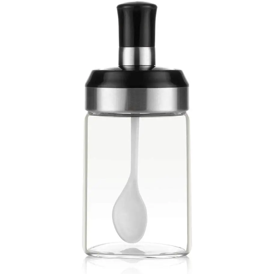 Sauce Jar Sugar Container Glass Jar Combination Spoon with Lid Canisters Storing Seasoning Spices Salt Sugar for Kitchen Counter  Storage with Decorative Sticker 9.7oz / 280ml