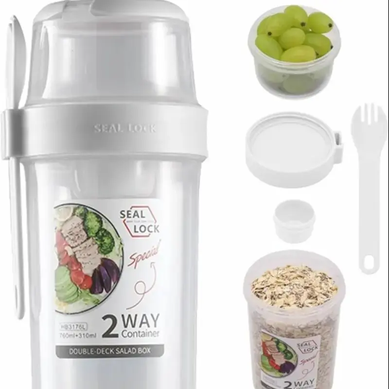 Breakfast On The Go Cups, Salad Cup To Go, Take And Go Yogurt Cereal Overnight Oats Snack Parfait Containers & Salad Dressing Holder With Fork For Lunch, Fruit & Vegetable Jar(Green,36.2oz), Plastic Food Storage
