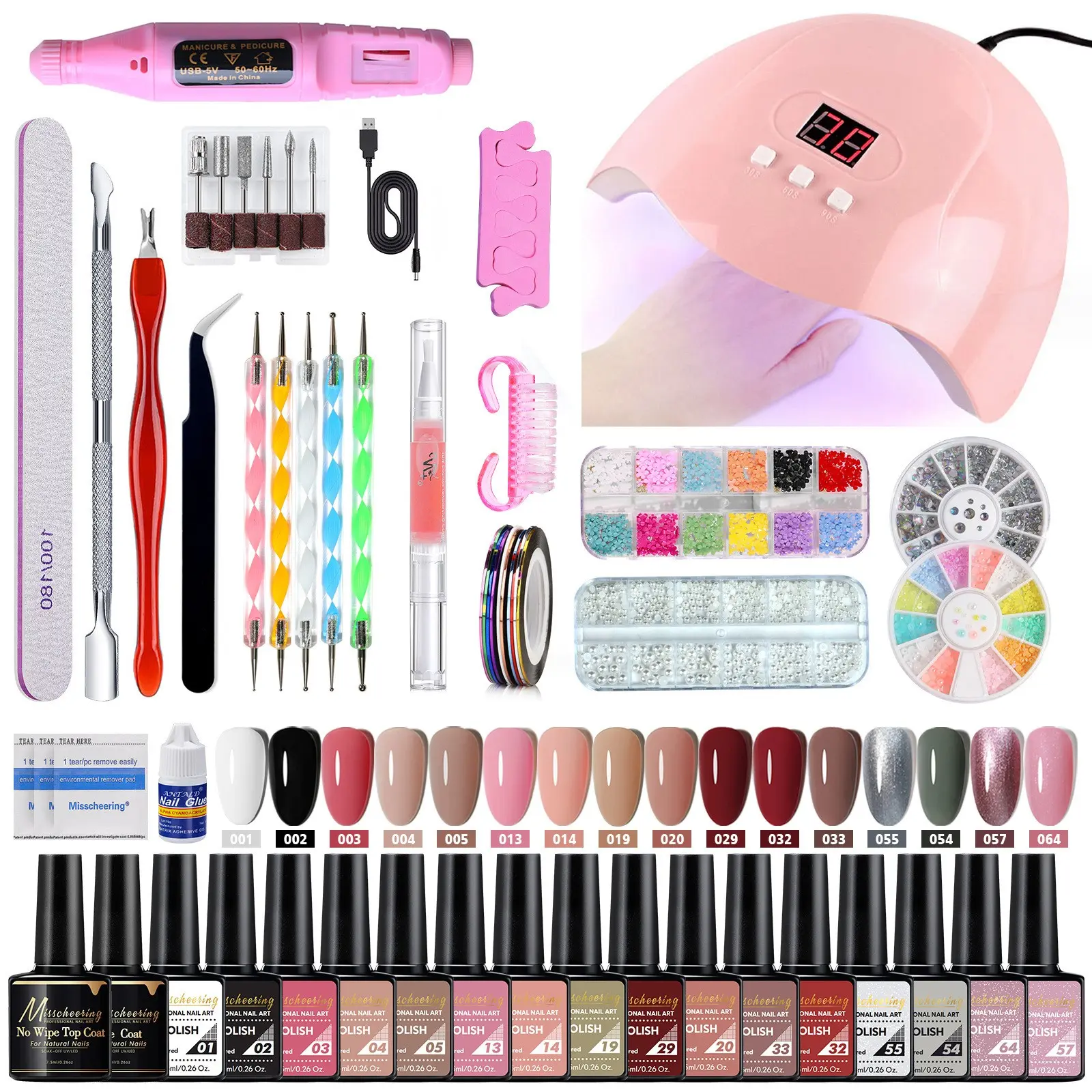 35PCS Professional Nail Art Kit with Nail Lamp & Electric Nail Drill Machine, Nail Files, Brushes, Gel Polish Tools, Nail Tips, Carving Pen, 5-Petal Flower Decorations — All-in-One Nail Extension & Manicure Set for Salon & DIY Use