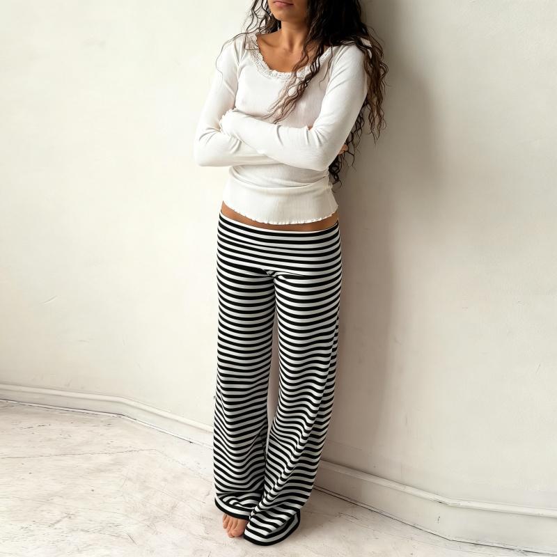 Womens Casual Pajama Pants Striped Low Waisted Lounge Pants Elastic Waist Drawstring Long Trousers