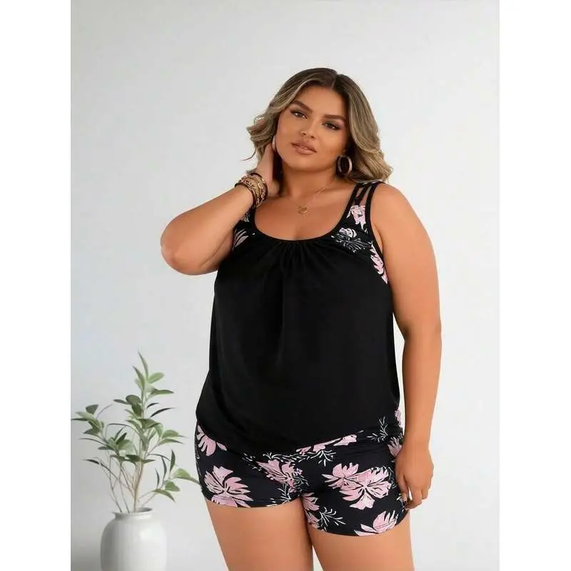 Plus Size Women's Tankini Set, 2 Piece Knit Swimsuit with Black Push Up Top and Tropical Floral High Waist Shorts, Knit Fabric, Machine Wash, Long Bottoms, Two-Pieces