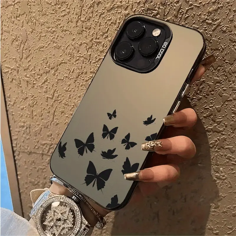 Gradient Coffee Base Black Butterfly Silhouette Mirror Phone Case Compatible with iPhone X XS XS Max 11 12 13 14 15 16 17 Pro Max Plus SE4, Brown Silver Reflective Back Shockproof Soft TPU Cover Minimal Flying Butterfly Print Anti Fingerprint Drop Protect