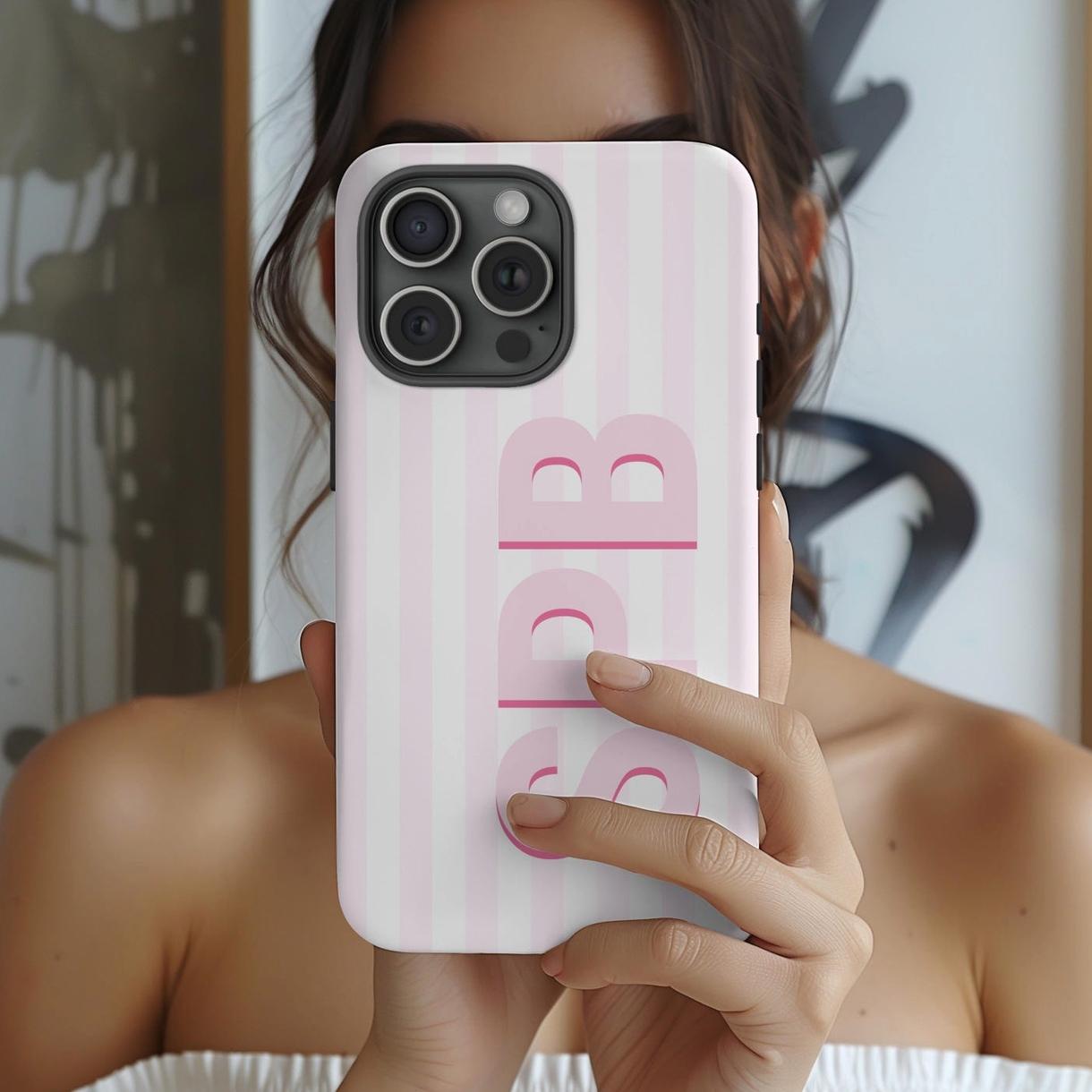 Custom Monogram Initials Case for  phone 11 12 16 15 14 13 17 Shadow Monogram Retro Stripe Summer Beachy Tough Phone Cover Personalized with Initial,Can be given as a gift to friends or family.