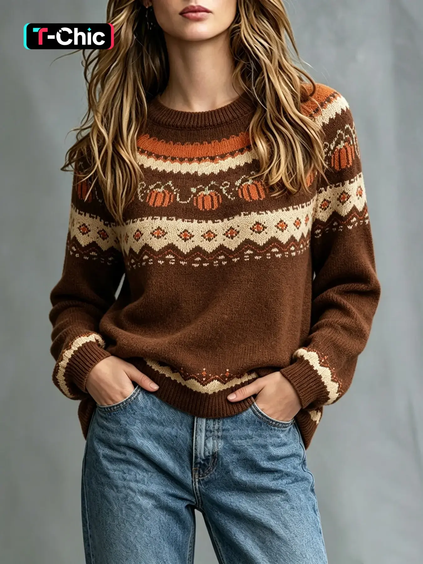 Women's Round Neck Halloween Pumpkin Jacquard Fall Winter Daily Festive Party Casual Fashion Regular Fit Knitwear Pullover Sweater