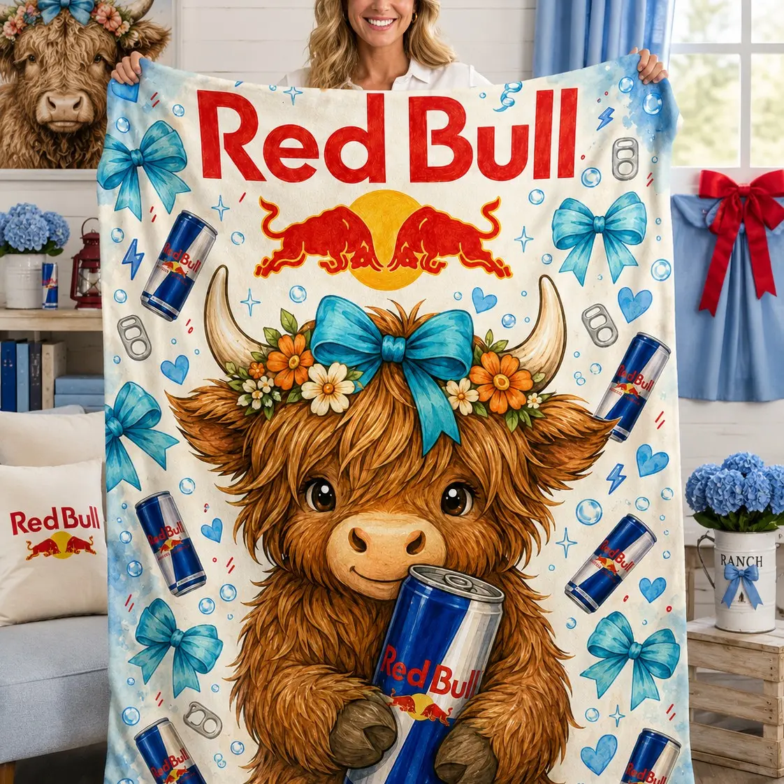 Highland Calf Bull Collaboration Print Blanket, Fresh Bow Cartoon Bull Beverage Cute Flannel Cover, Soft Warm Home Nap Blanket