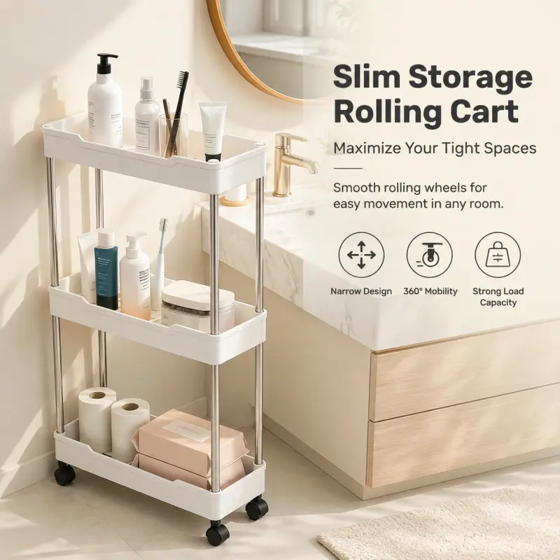 3-Tier / 4-Tier Narrow Gap Rolling Storage Cart With Swivel Universal Wheels Stainless Steel Frame Organizer For Bathroom Kitchen Laundry Room Small Space Corner Gap Storage