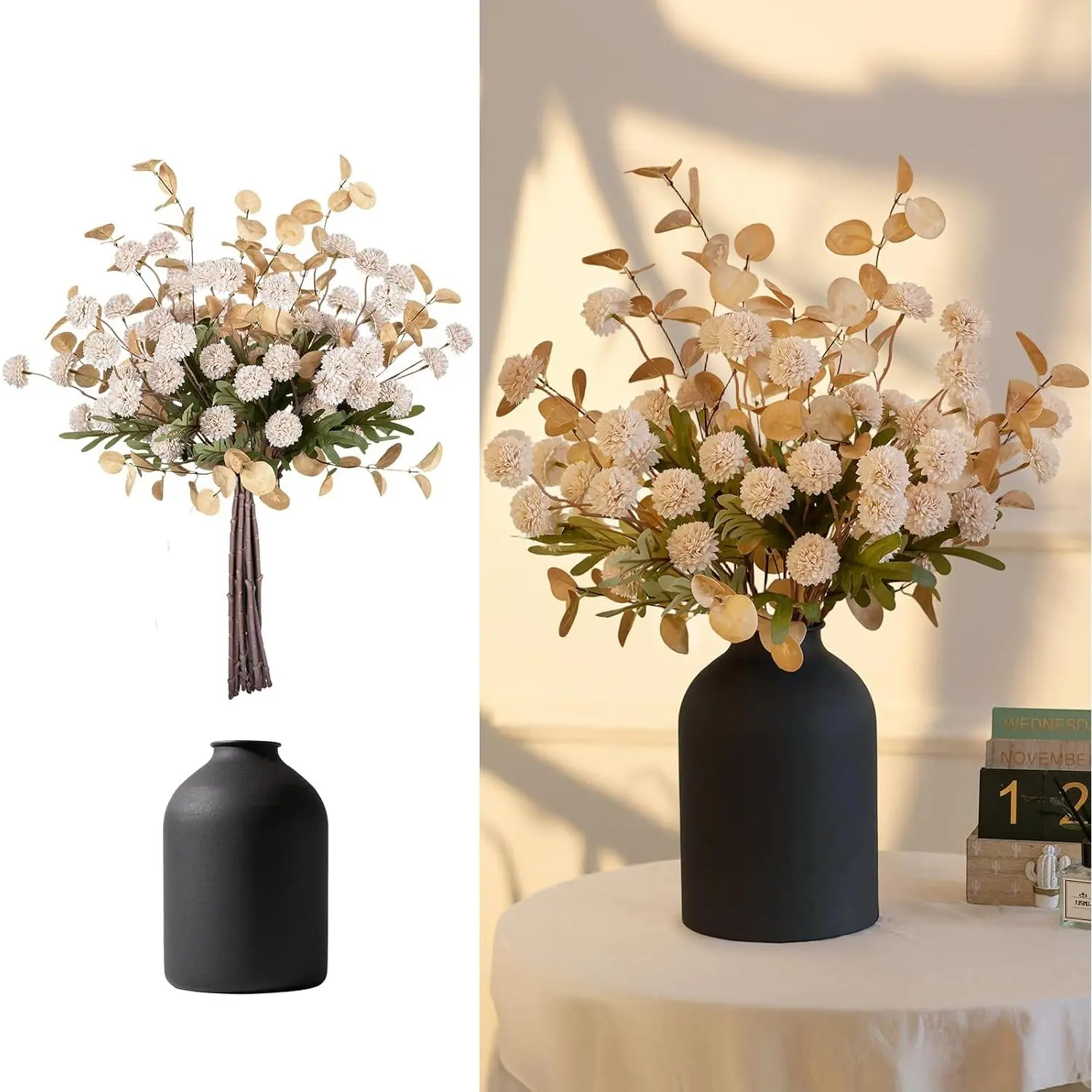 Decorative Artificial Pom Pom Mix Flower Centerpieces with Silk Metal Vase, Beige Mums & 12 Artificial Stems, Table Decor for Indoor Recreation Dining/Entry Way Home Arrangements