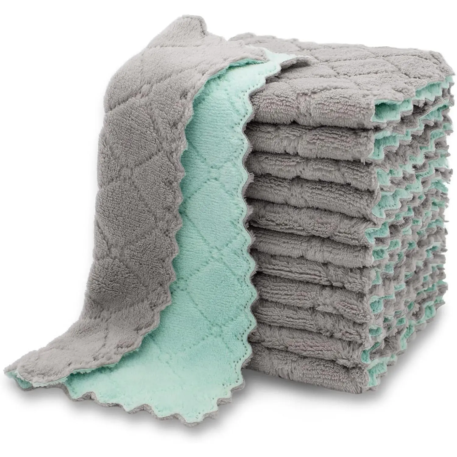 12 Pack Dish Cloths for Washing Dishes, Super Absorbent Microfiber Kitchen Dish Rags, Fast Drying Coral Velvet Dish Cloths for Kitchen Counter and Dishes (Green-Grey)