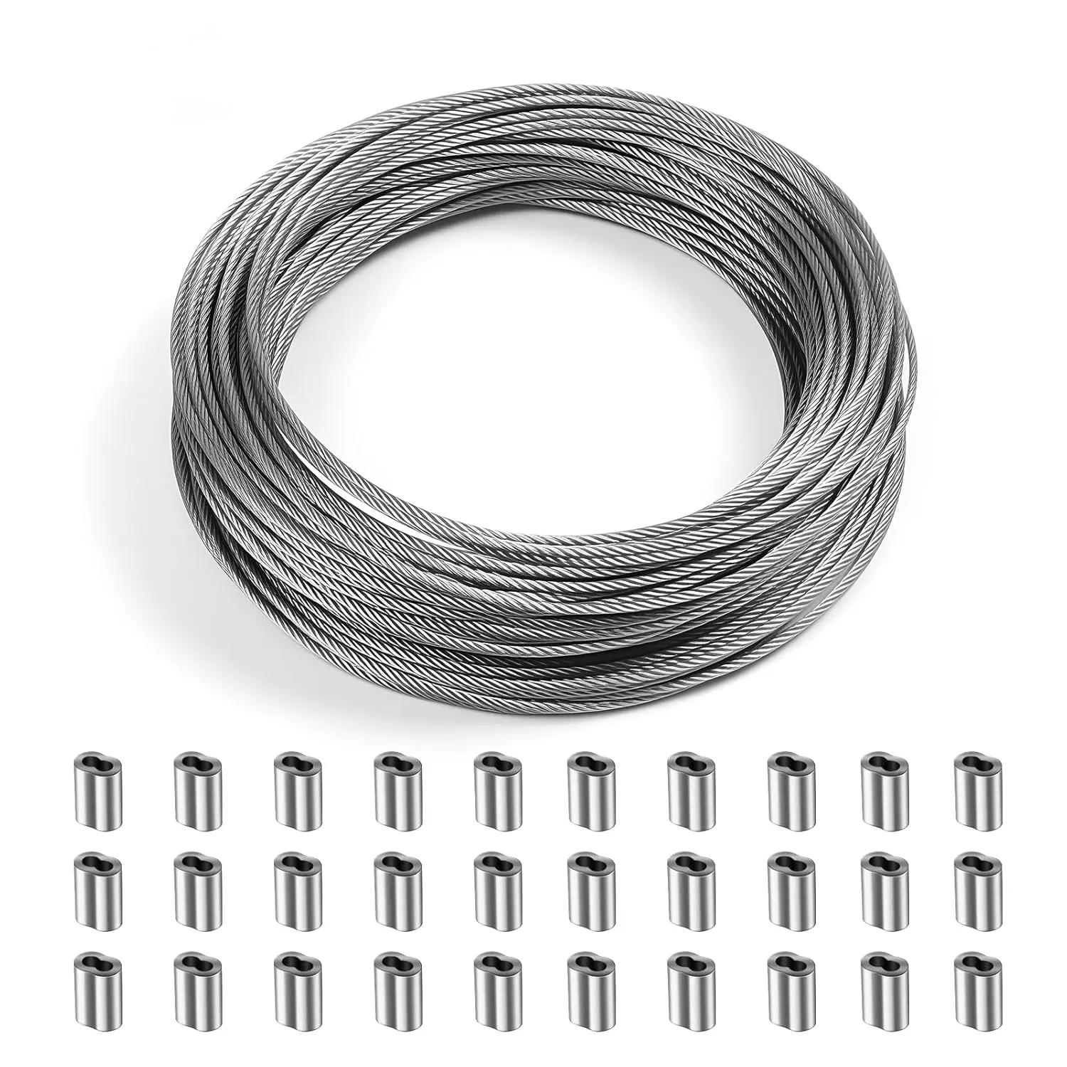 1/16'' Stainless Steel Wire  Rope 100FT 7x7 Strand Core Aircraft Grade  Marine with 30  Sleeves for Outdoor Railing, String Lights,  Clothes, Pictures, Curtain, DIY Projects