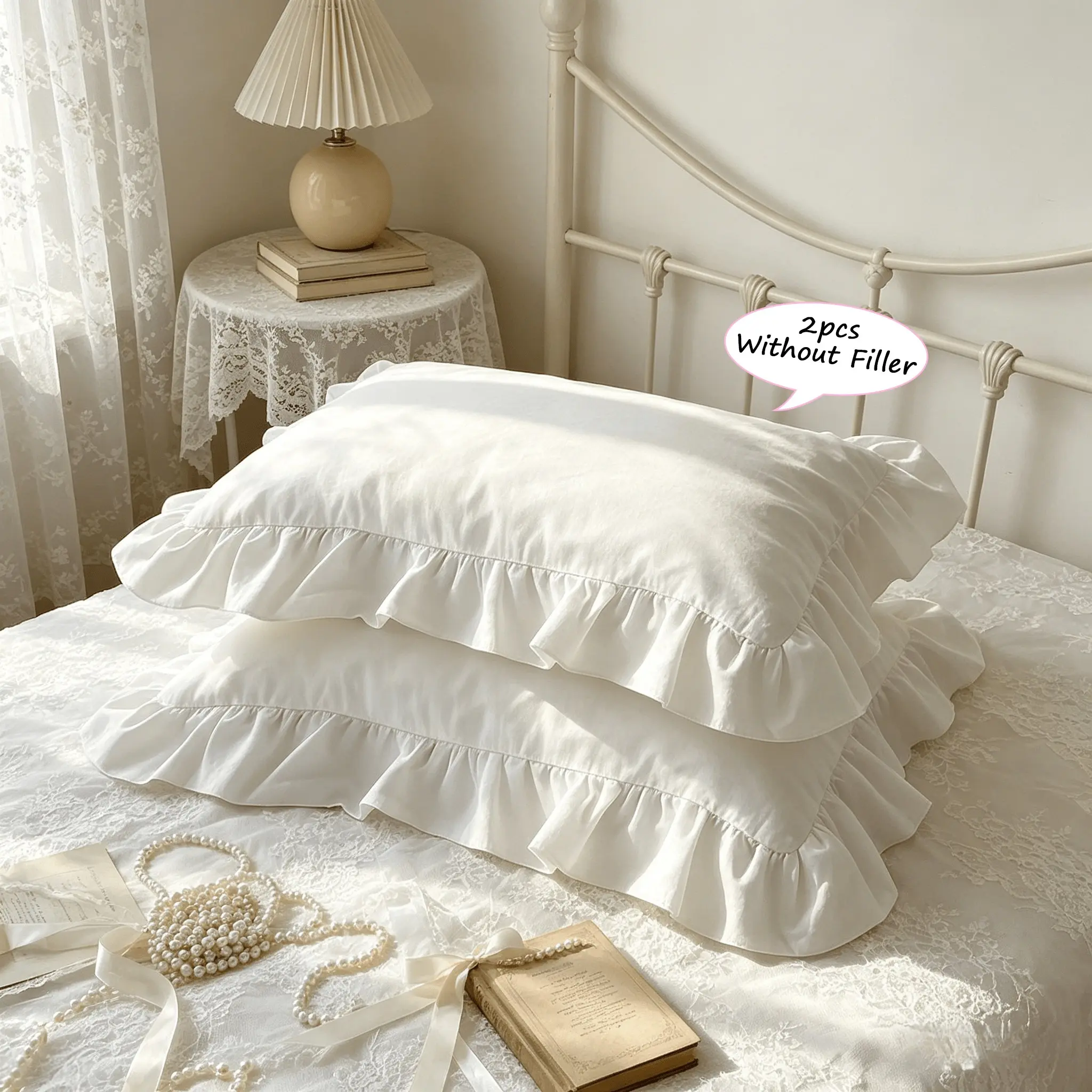 2 Piece French Vintage Ruffled Pillowcases, No pillow core Soft Comfortable Breathable Skin-Friendly, All-Season Use, Bedroom Sofa Home Decor, Soft Comfy Bedding Bed Linens (no Pillows)