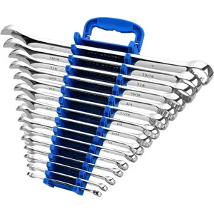 Max Torque 15-  Combination Wrench Set, Complete SAE Inch Sizes from 1/4" to 1" with Rack Organizer | Cr-V Steel, Mirror Chrome Finish, Long , V- Open End and 12-Point Box End