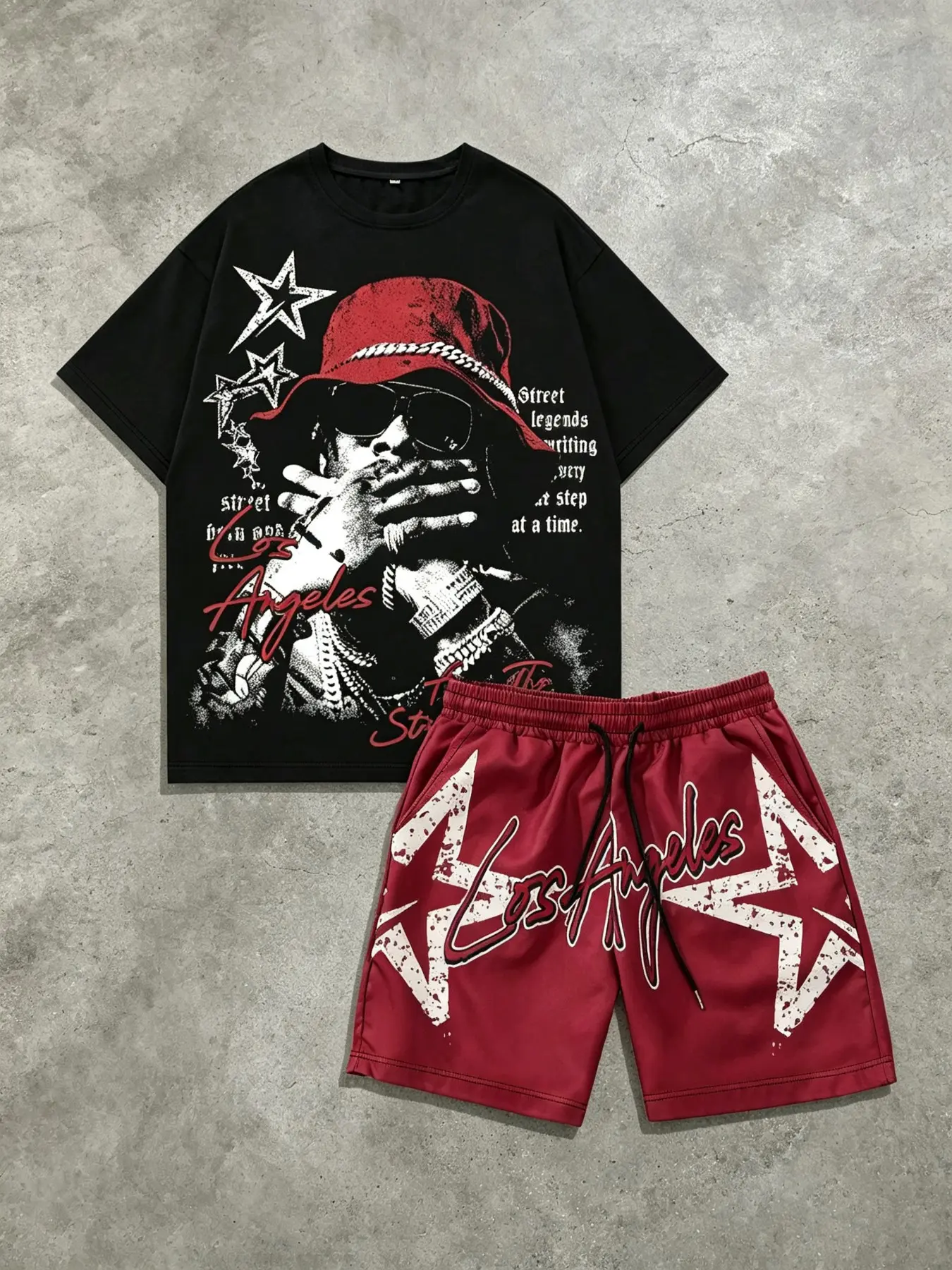 Men's Black & Red 2-Piece Los Angeles Streetwear Set, Oversized T-Shirt & Drawstring Shorts with Rapper Portrait & Star Print, Retro Y2K Co-Ord Vibe for Summer, Campus Looks, Casual Outings, Parties, Travel, and Relaxed Hip-Hop Styling
