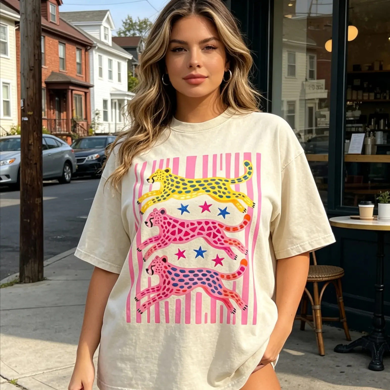 Maximalist Cheetah Graphic Tee | Colorful Leopard T Shirt | Cheetah Trio T-Shirt | Cheetah Print Shirt | Cheetah Lover Gifts,Washed Oversized T-Shirt, Cotton Soft Breathable Skin Friendly Casual Tee, Viral Y2K Preppy Western Leopard Streetwear