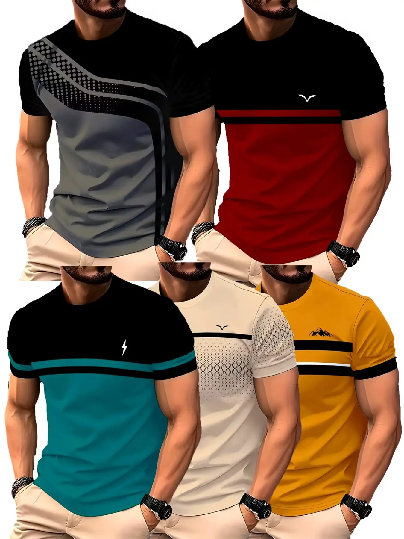5-Pack Men's Striped Print Casual Classic Short Sleeve T-Shirts, Gradient Color Summer Round Neck Quick-Dry Breathable Tee, Fashion Leisurewear, Tops