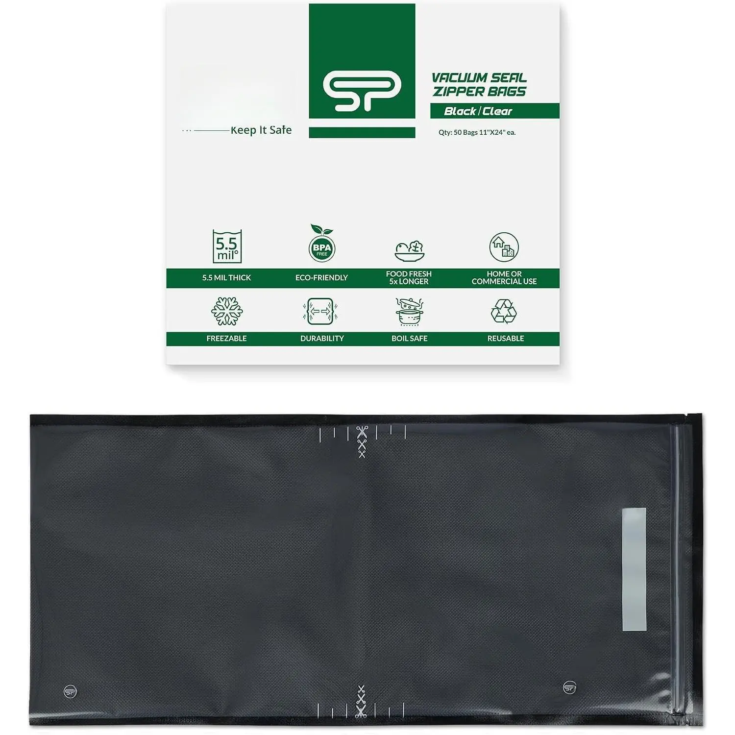 Resealable Vacuum Seal Zipper Bags 11" x 24" (50 Count) 5.5 Mil (Black & Clear) Precut  Heavy-Duty Commercial Grade Reclosable Bag, Sous Vide, Meal Prep, Freezer Storage &  Preservation