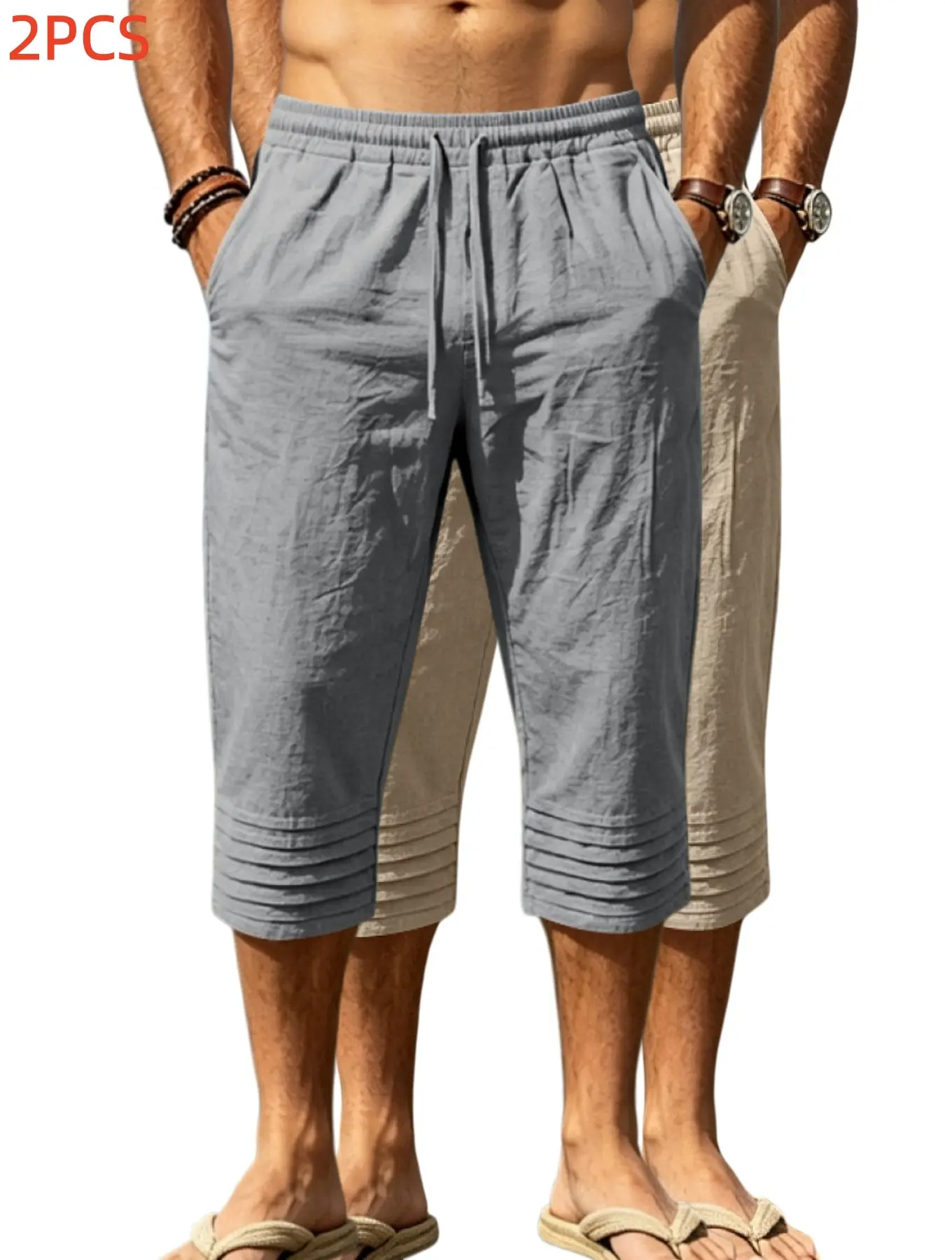 2pcs Men's Summer Linen Capri Cropped Pants, Loose-Fitting Mid Waist, Drawstring Elastic Waist, Pocket Design, Casual Beachwear, 7/8 Length