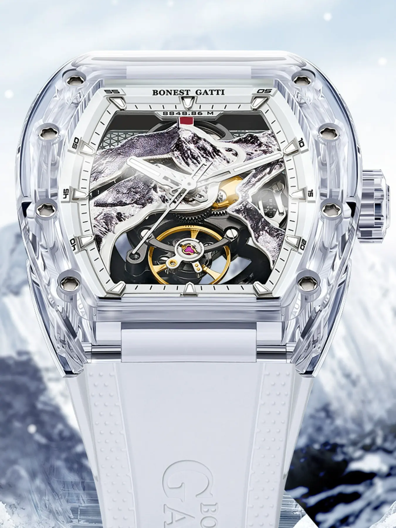 BONEST GATTI Men Watch Men Automatic Skeleton Mechanical Wristwatch Tonneau Watch Everest Series Hollow Dial Rubber Strap Butterfly Buckle Luminous 30M Daily Waterproof Luxury Timepiece Suitable As Birthday And Holiday Gifts For Men