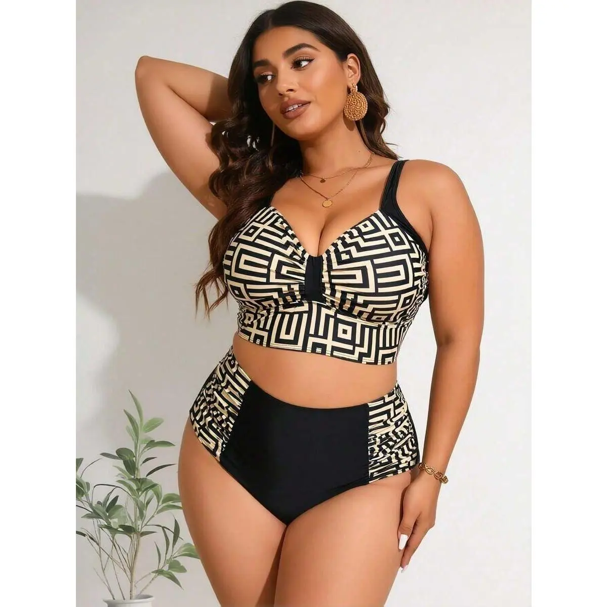 Plus Size Bathing Suits for Women, Geometric Print 2-Piece High-Waist Bikini with Backless Buckle Top and Ruched Bottom, Swimming, Swimsuit For Women, Knit Fabric